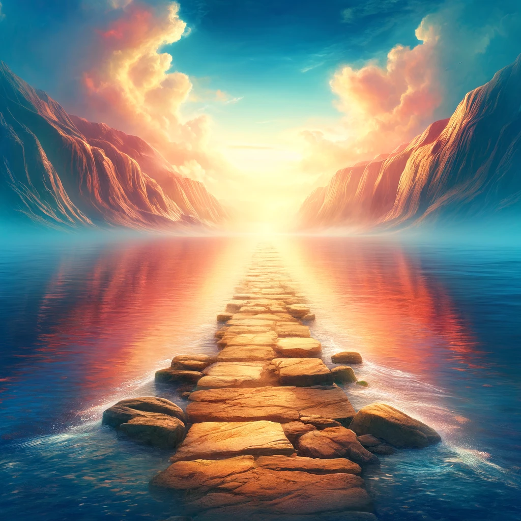 An inspiring landscape showing a clear pathway through a miraculously parted sea, with calm waters on either side. The pathway leads into the horizon under a dawn sky, radiating a warm, inviting glow. This scene symbolizes divine intervention and guidance, evoking a sense of hope and faith.