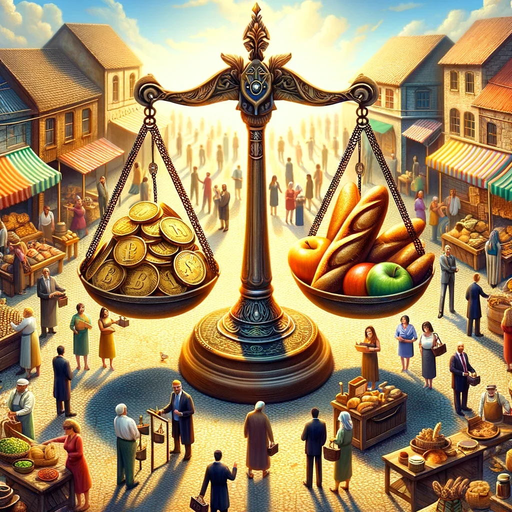 Vibrant marketplace scene with a large vintage balance scale in the center, displaying gold coins on one side and bread on the other, symbolizing fair trade. Diverse individuals of various backgrounds engage in equitable exchanges around the scale, under banners with phrases promoting fairness and equal value.